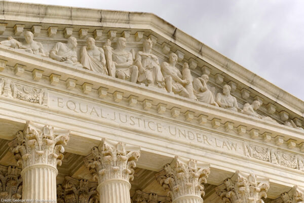 The front entrance of the historic U.S. Supreme Court Building.