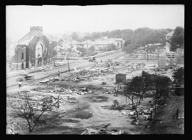 Burned buildings in the aftermath of the Tulsa Massacre (Library of Congress)