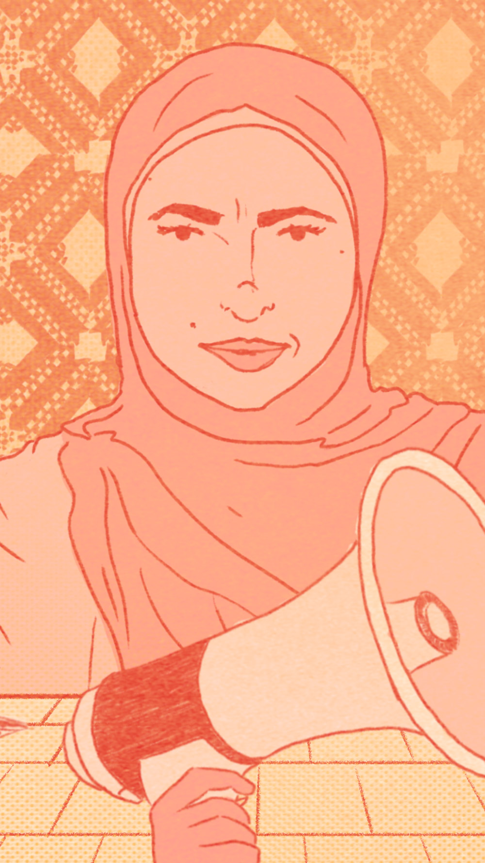 An illustration of a woman wearing a hijab in front of a megaphone.