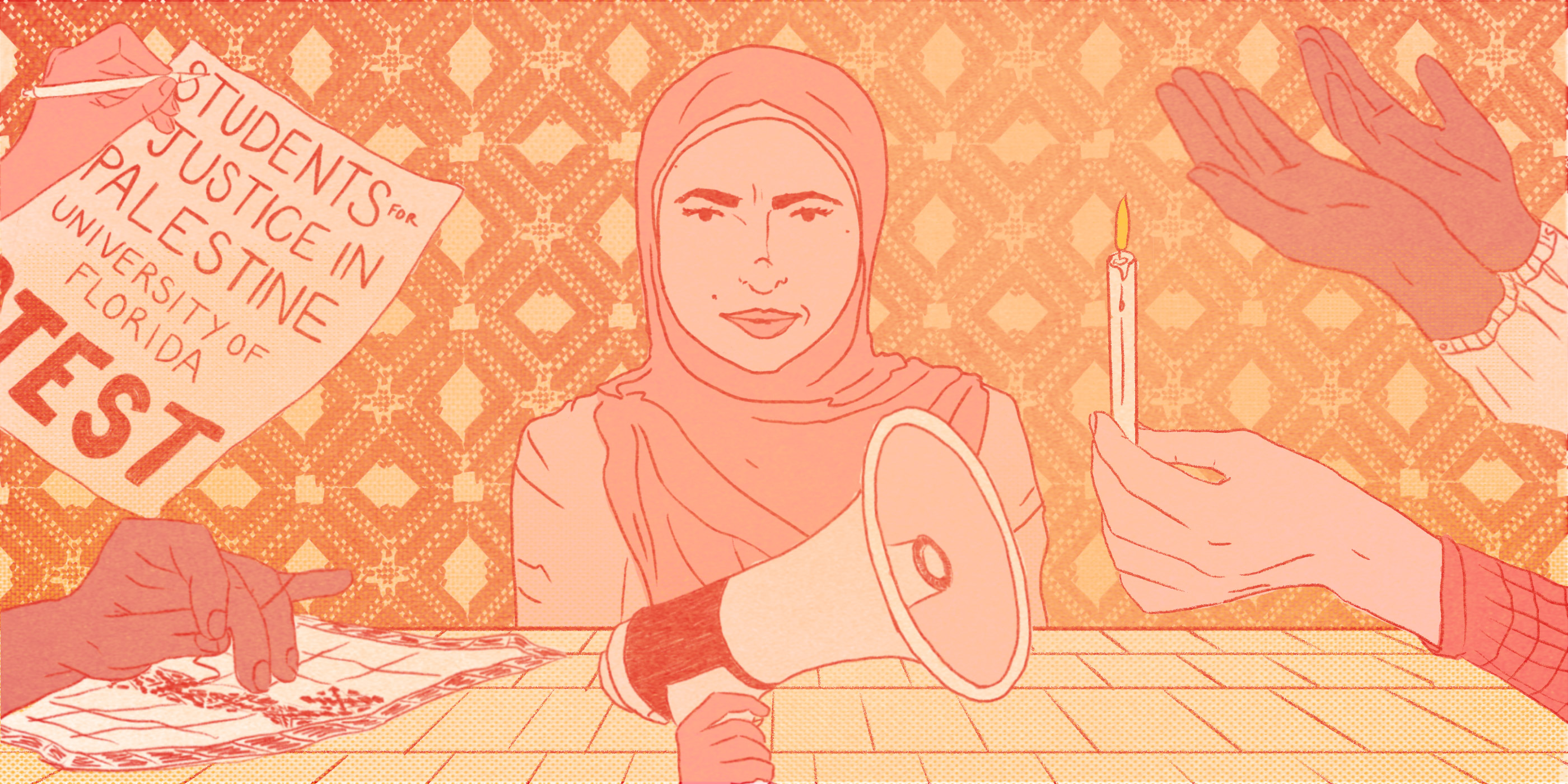 An illustration of a woman wearing a hijab in front of a megaphone.