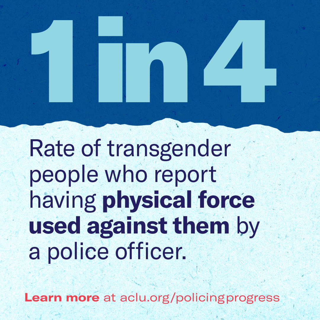 A graphic that reads "1 in 4: Rate of transgender people who reports having physical force used against them by a police officer."