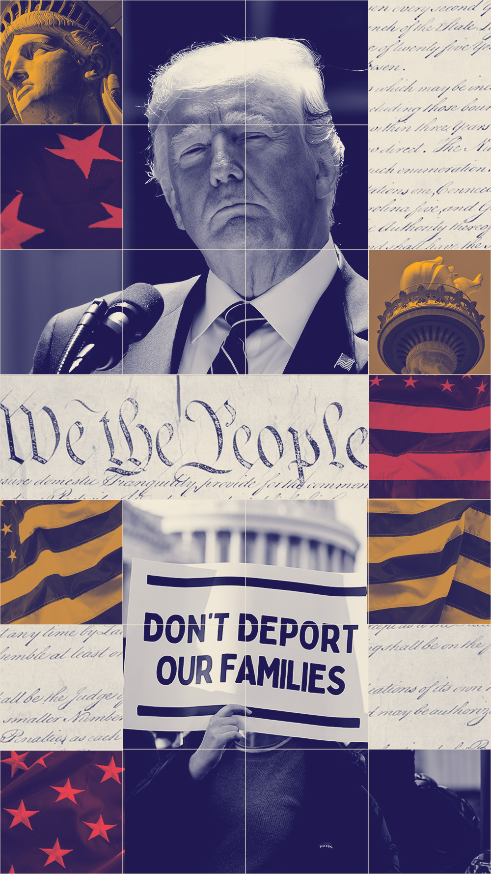 A graphic featuring Trump and imagery pertaining to immigration.