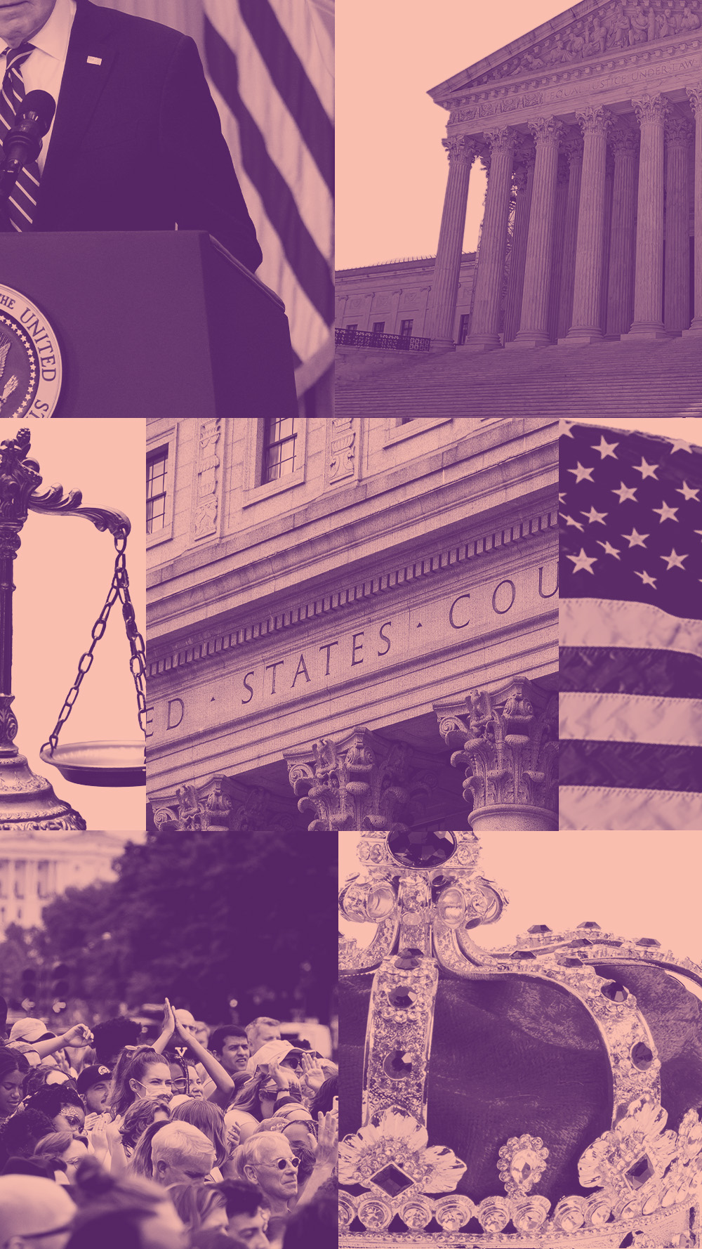 A checkered graphic featuring different images pertaining to the president, the Supreme Court, and royalty.