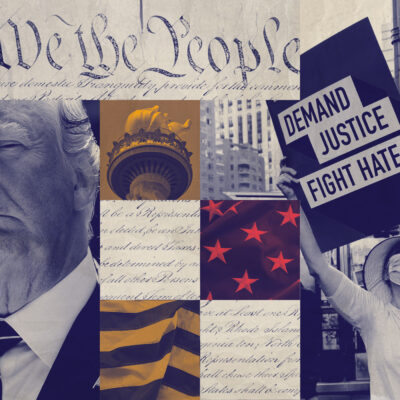 A graphic featuring Trump and imagery pertaining to the criminal legal system.