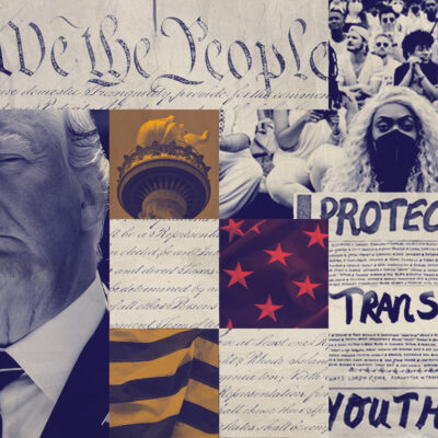 A graphic featuring Trump and imagery pertaining to LGBTQ rights.