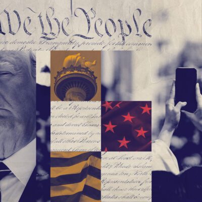 A graphic featuring Trump and imagery pertaining to surveillance and first amendment rights.