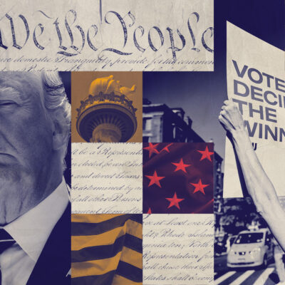 A graphic featuring Trump and imagery pertaining to voting rights.