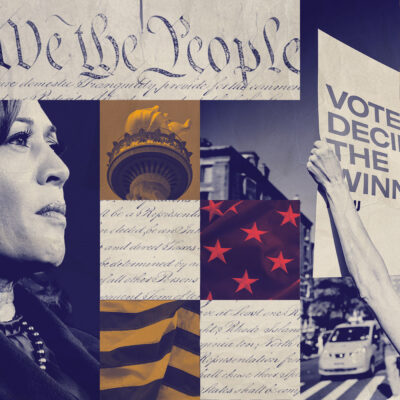 A graphic featuring Harris and imagery pertaining to voting rights.