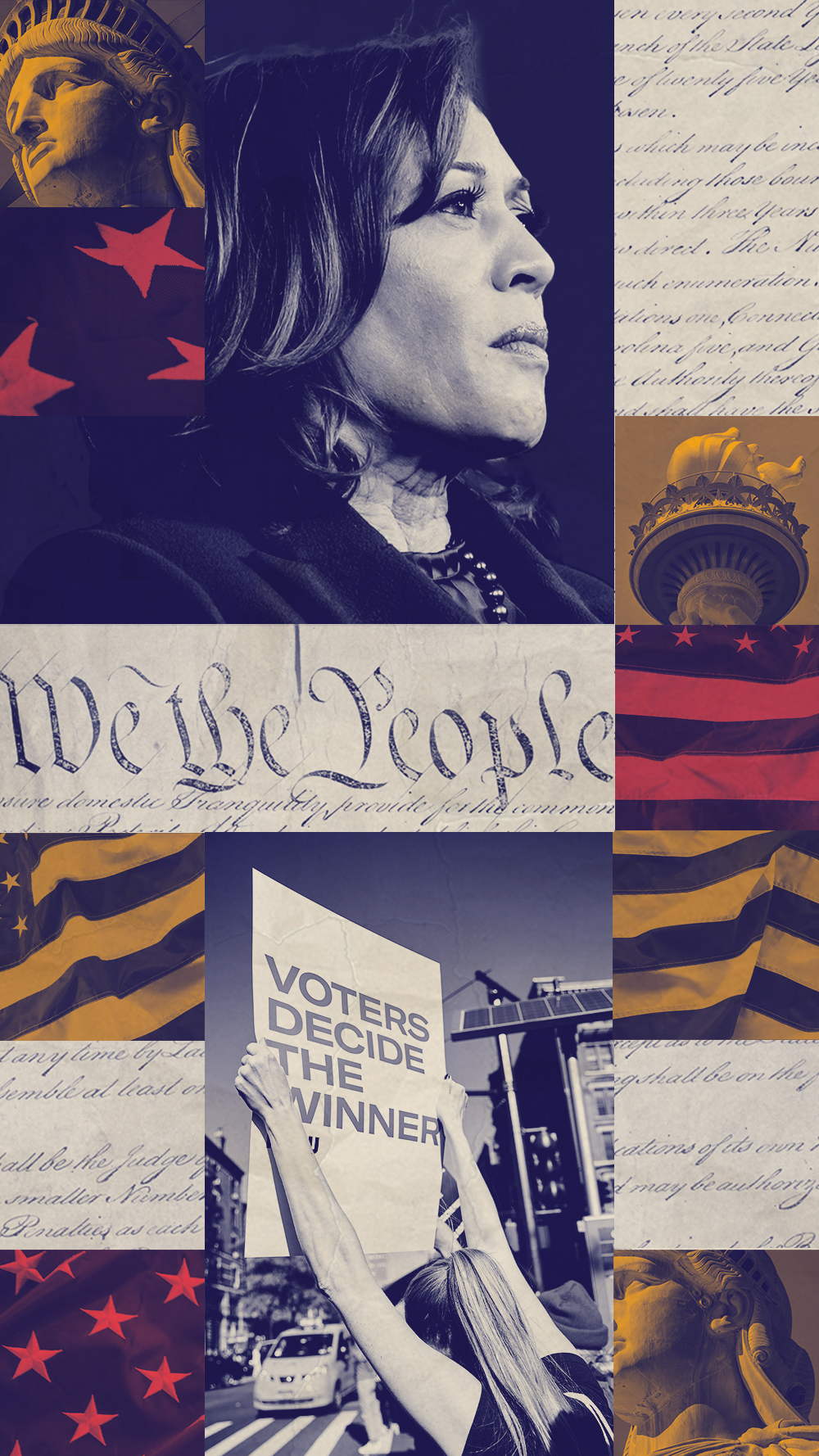 A graphic featuring Harris and imagery pertaining to voting rights.
