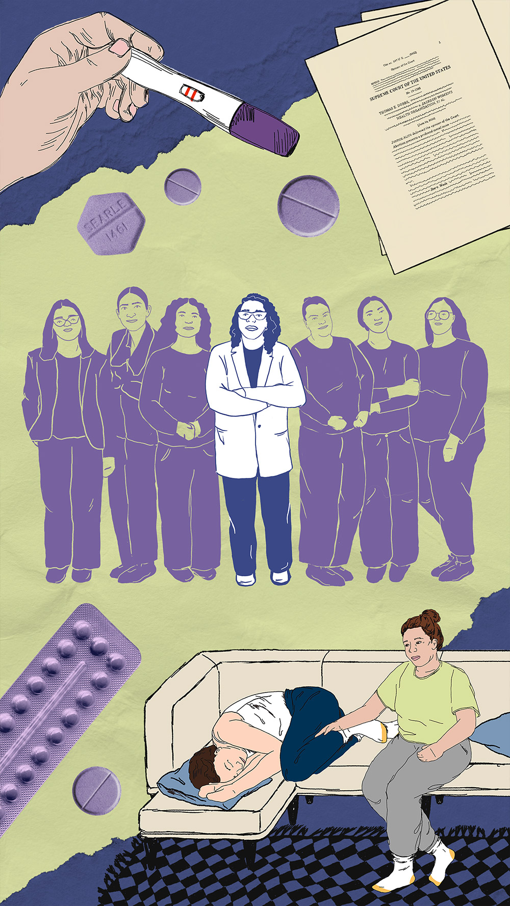 A graphic depicting different images pertaining to reproductive rights and abortion bans.