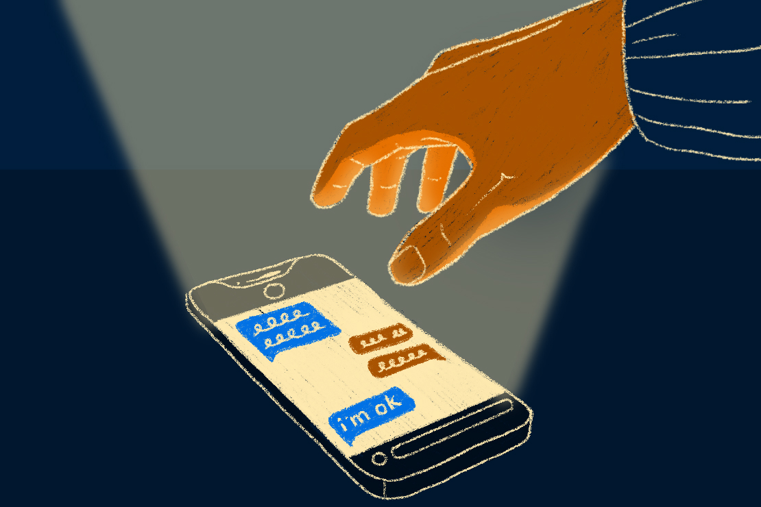 An illustration of a hand reaching for a smart phone with a text conversation on the screen.