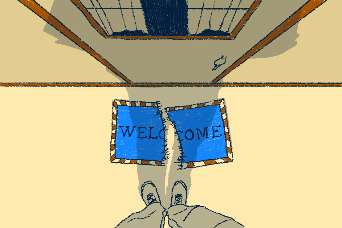 An illustration of an individual staring down at a welcome mat that has been torn in half.