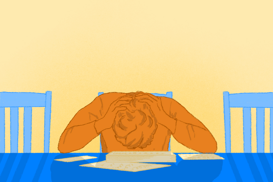 An illustration of an individuals with their head down and overwhelmed at a desk.