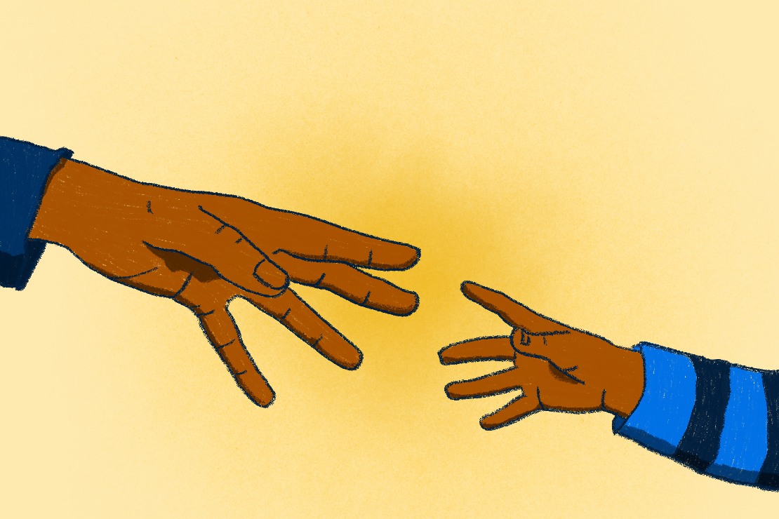 An illustration of two hands reaching for one another.