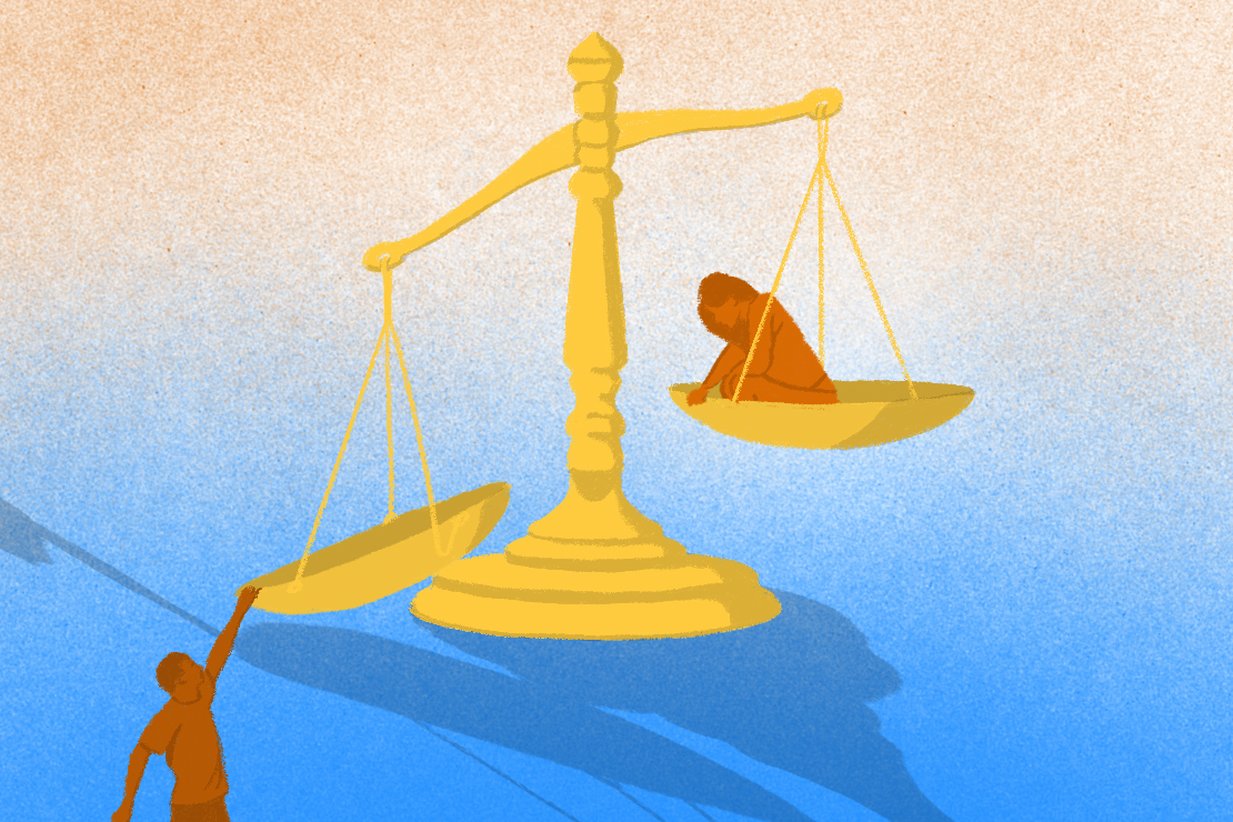 An illustration depicting the scales of justice with one person inside a scale and another dangling off one.
