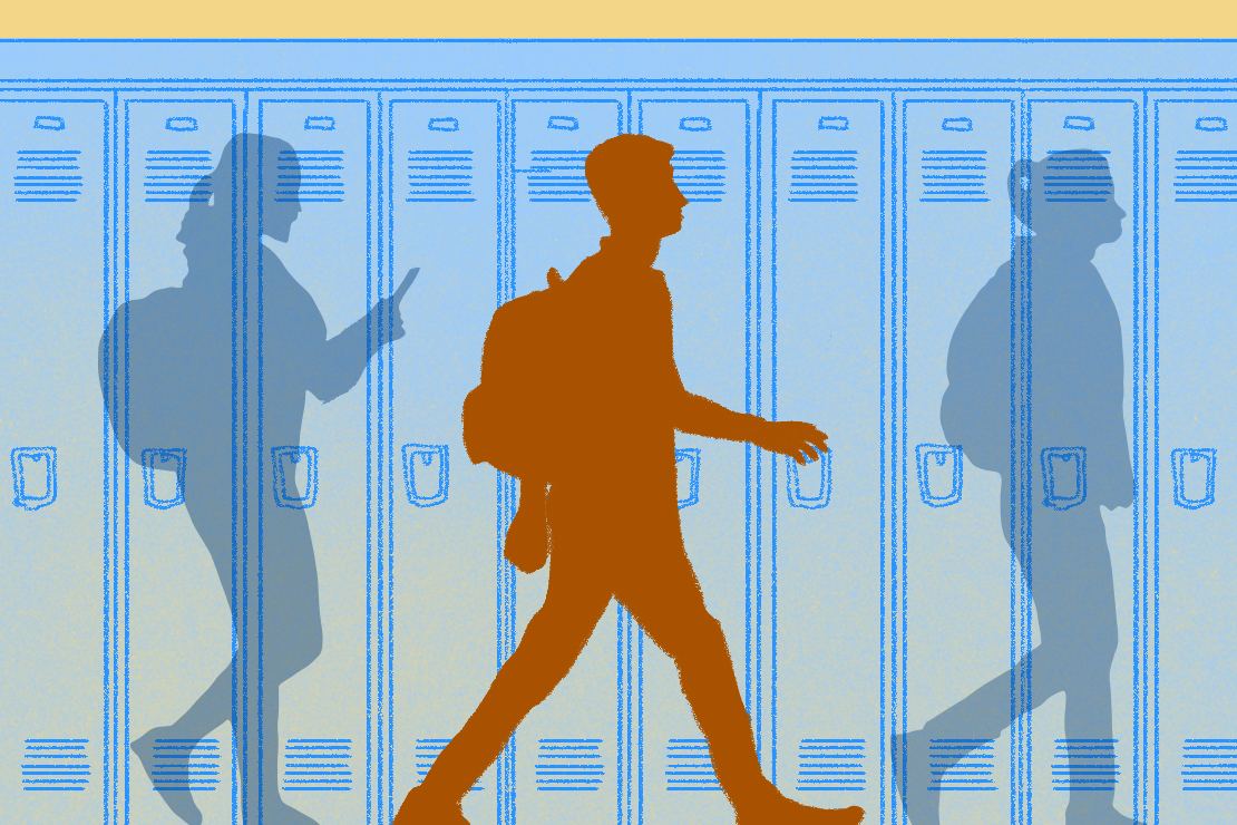 An illustration of a student walking down a hall of lockers with shadows of two other students in between.