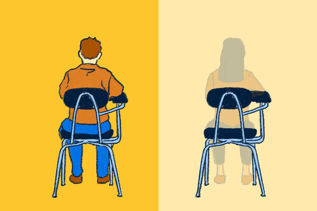 A split illustration of two students sitting in a desk chair.