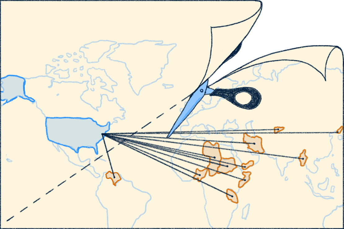 An illustration of a map of the world with markers of different countries and a pair of scissors cutting the map.