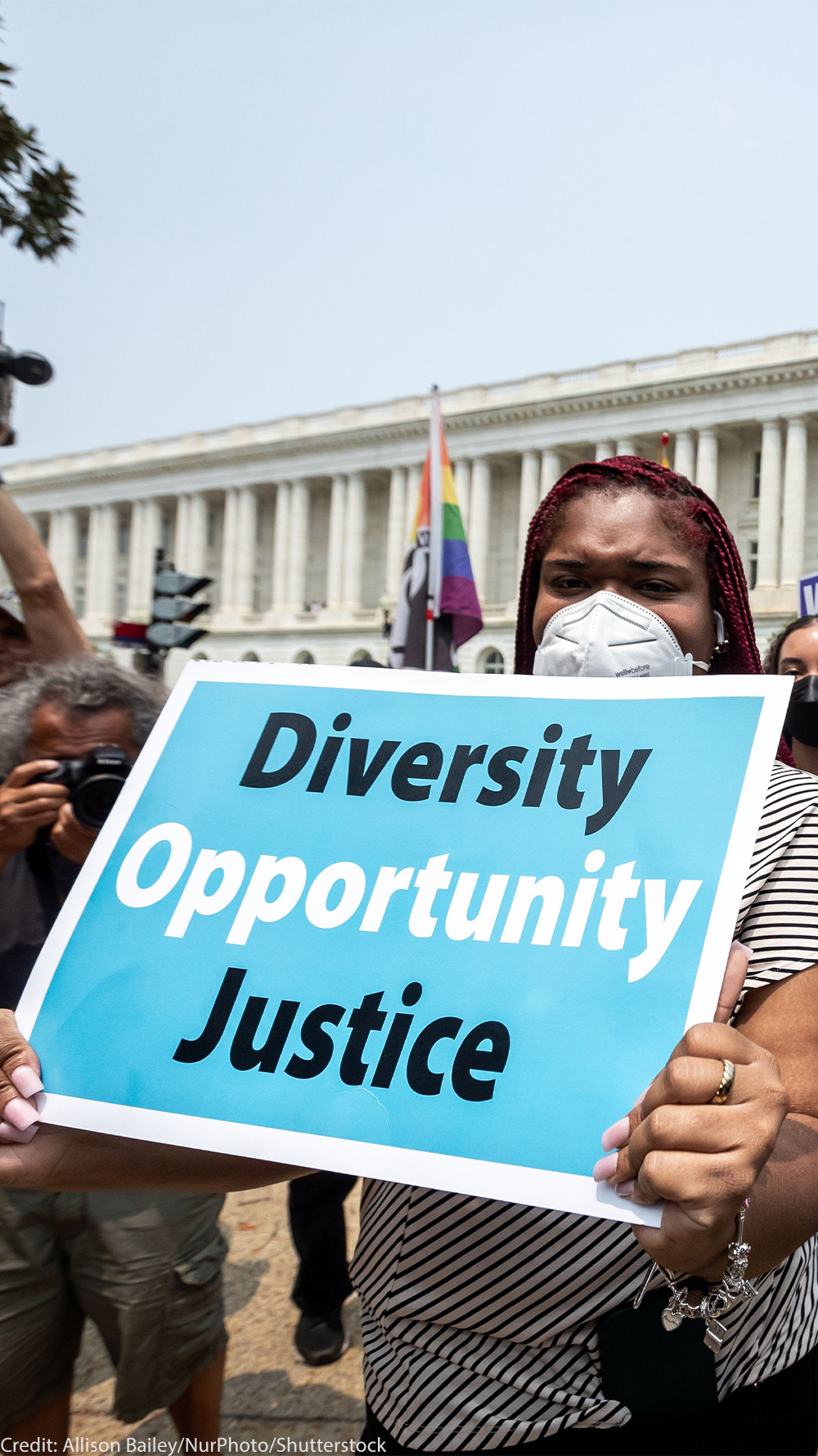 Protesters in front of the Supreme Court hold signs that read, "Diversity, Opportunity, Justice", "ACLU, WE THE PEOPLE", "Affirmative Action YES!" and "Asians for Affirmative Action".