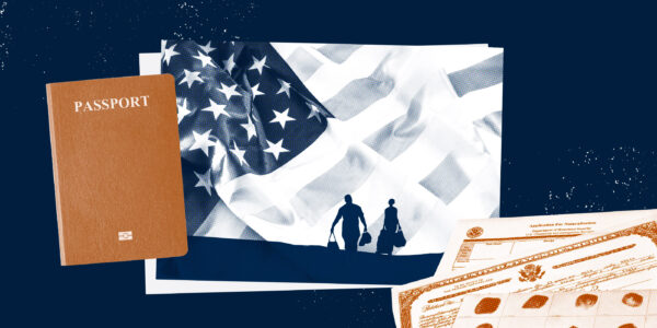 A graphic depicting several images pertaining to immigration and citizenship.