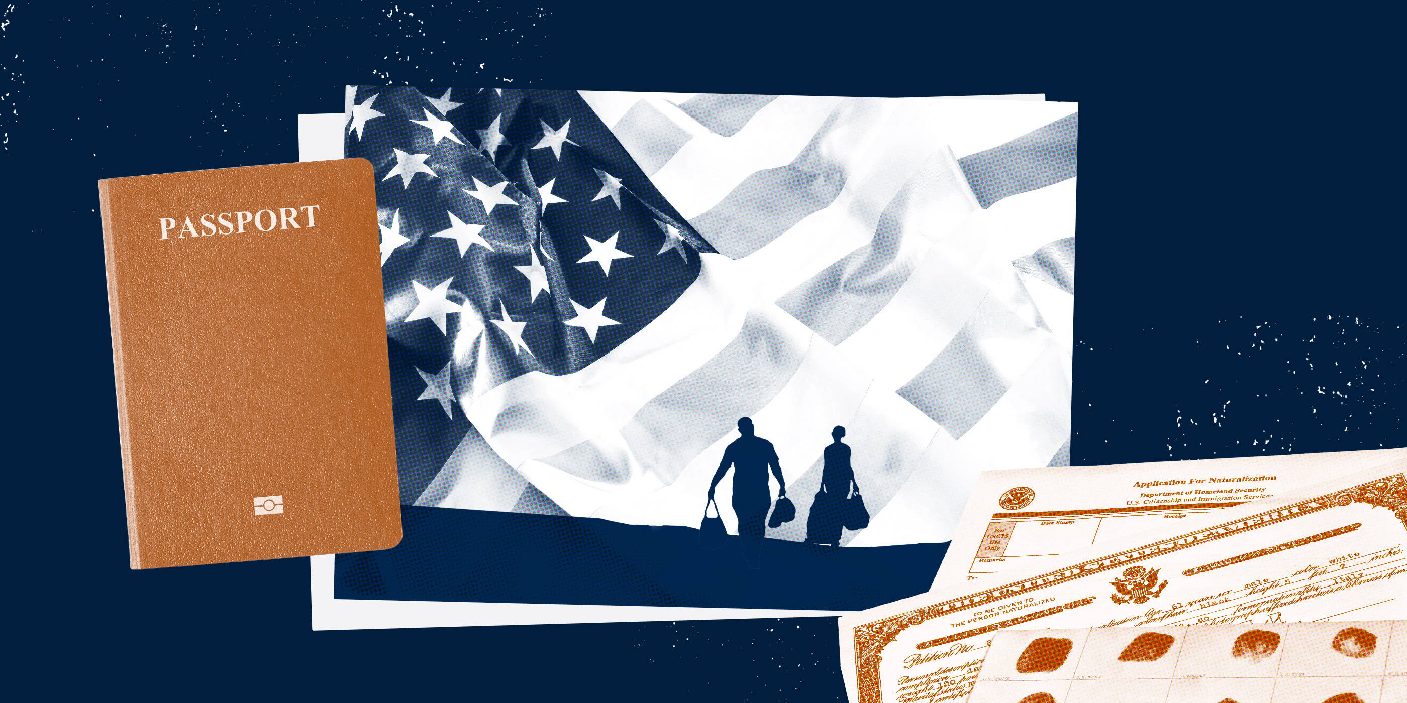 A graphic depicting several images pertaining to immigration and citizenship.