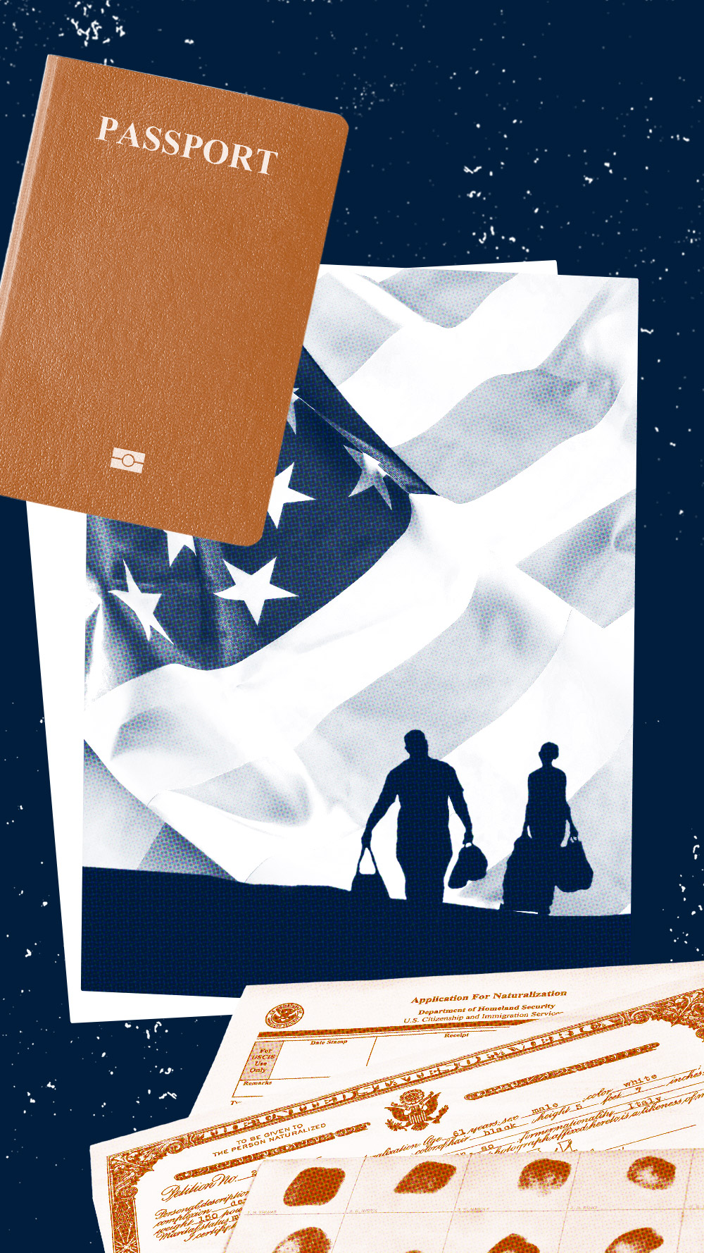 A graphic depicting several images pertaining to immigration and citizenship.