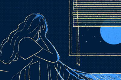 Illustration of a person with long hair sitting up in bed at night and facing a window with blinds half drawn that hide the top half of the moon.