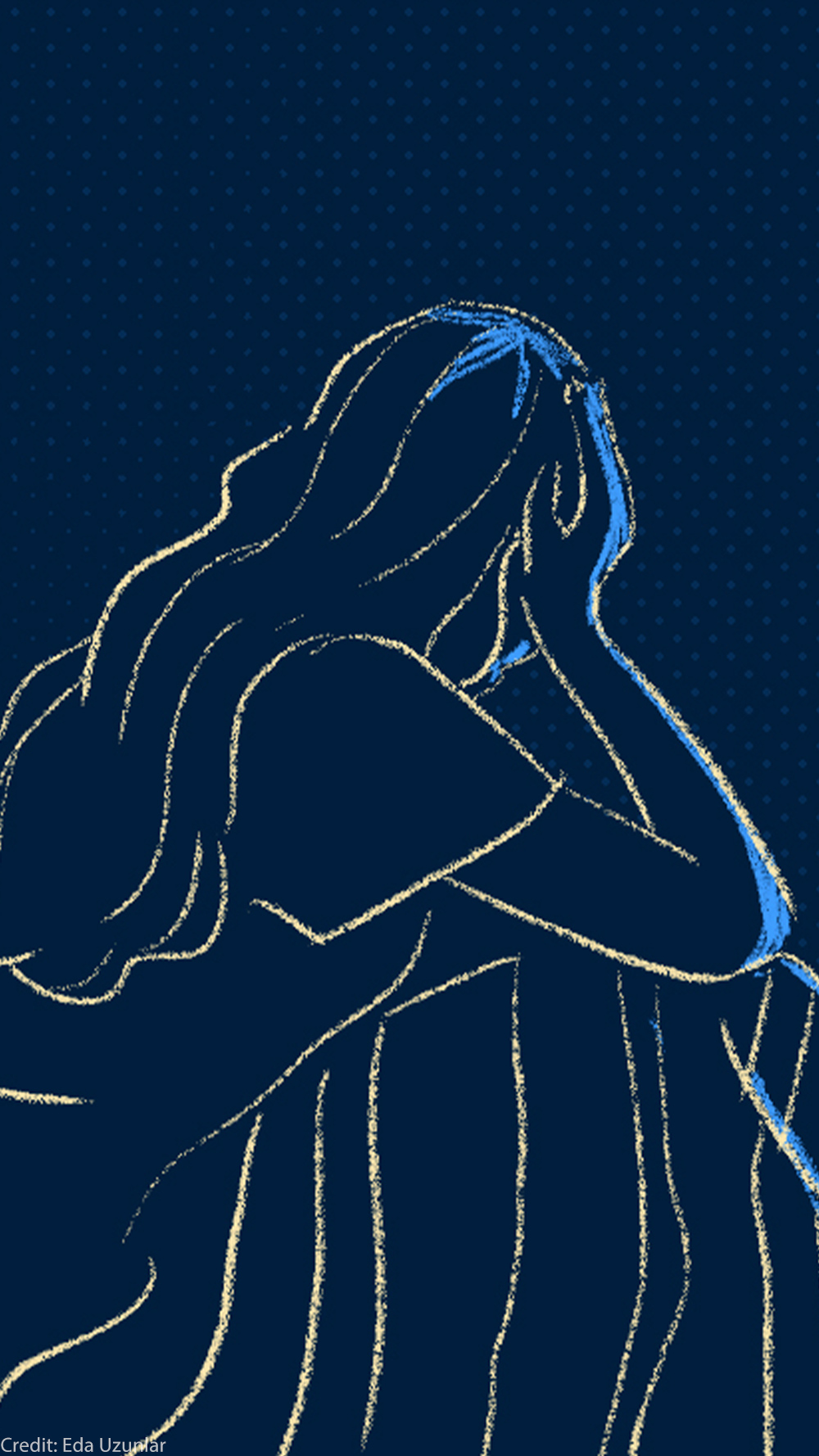 Illustration of a person with long hair sitting up in bed at night and facing a window with blinds half drawn that hide the top half of the moon.