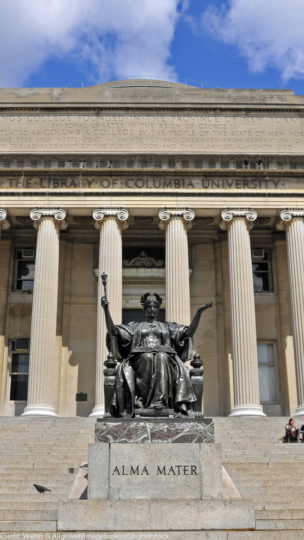 Facade of the Columbia University Library with the ALMA MATER statue in the foreground.