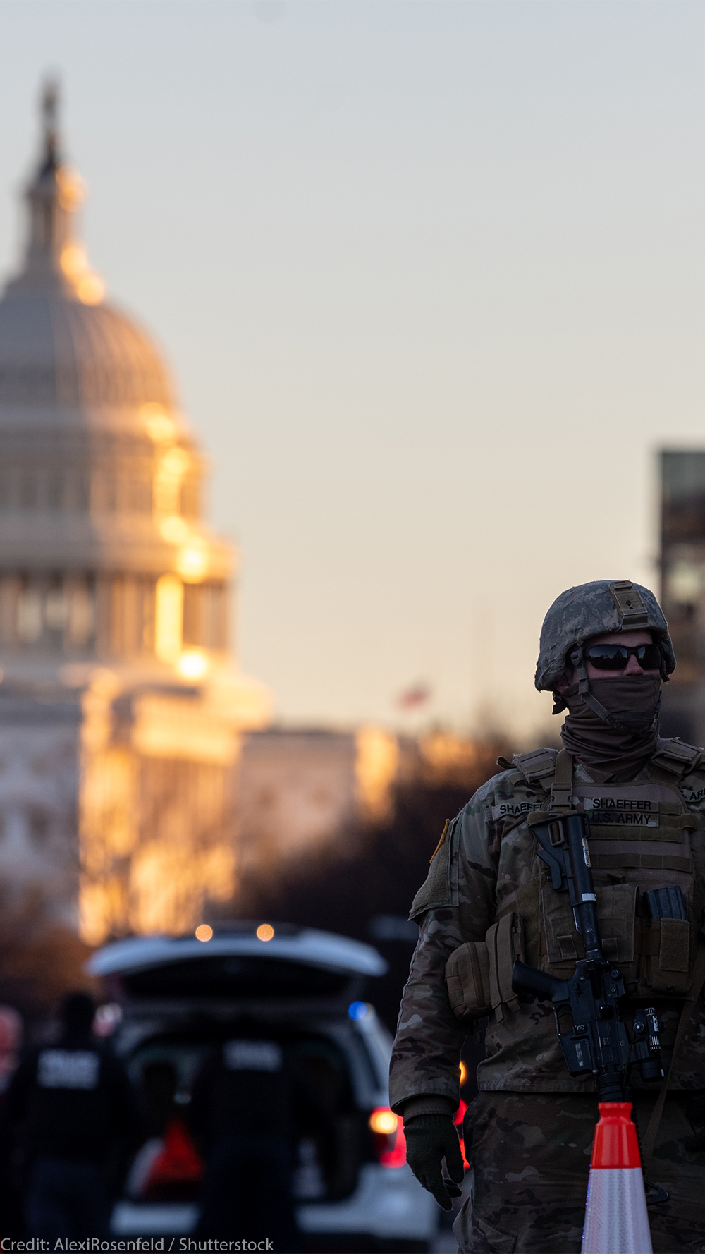 Members of the National Guard patrol the area surrounding the outskirts of the Capitol Building in Washington D.C.