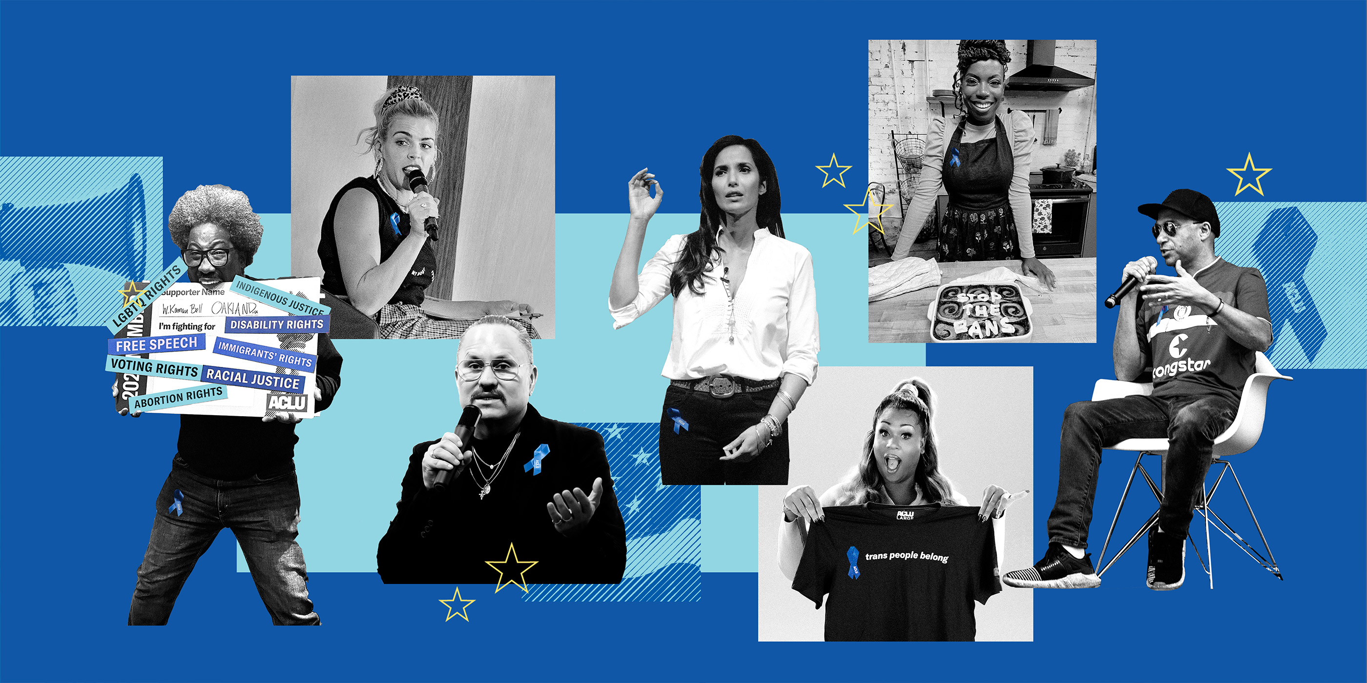 A graphic that contains different images of ACLU artist ambassadors.