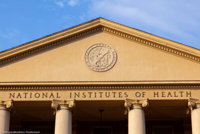 Exterior view of the main historic building of National Institutes of Health (NIH) inside Bethesda campus.