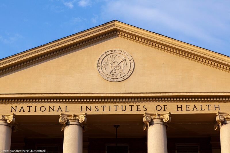 Exterior view of the main historic building of National Institutes of Health (NIH) inside Bethesda campus.