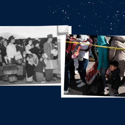 A collage of two photographs on a navy blue background—one black and white and one in color—depict American citizens of Japanese descent, including children, standing in line as they await relocation to internment camps during World War II.