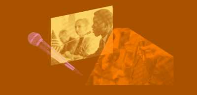 A collage of colorful photos, featuring images of people speaking into microphones