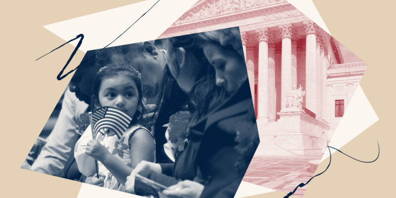 A collage image featuring an image of the Supreme Court and an image of a young girl waving an American flag.