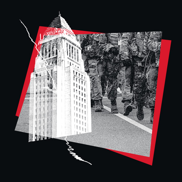 Start red and black image showing troops on our streets.