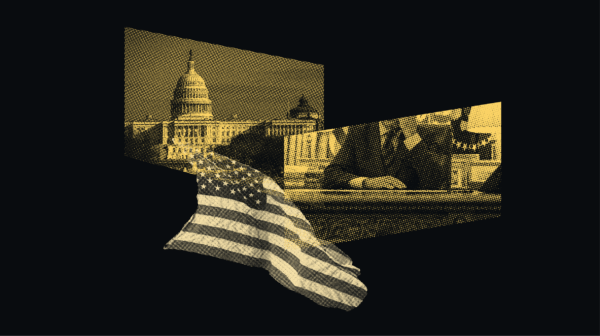 A yellow collage featuring the U.S. Capitol building, the U.S. flag, and the torso of a politician sitting at a desk.