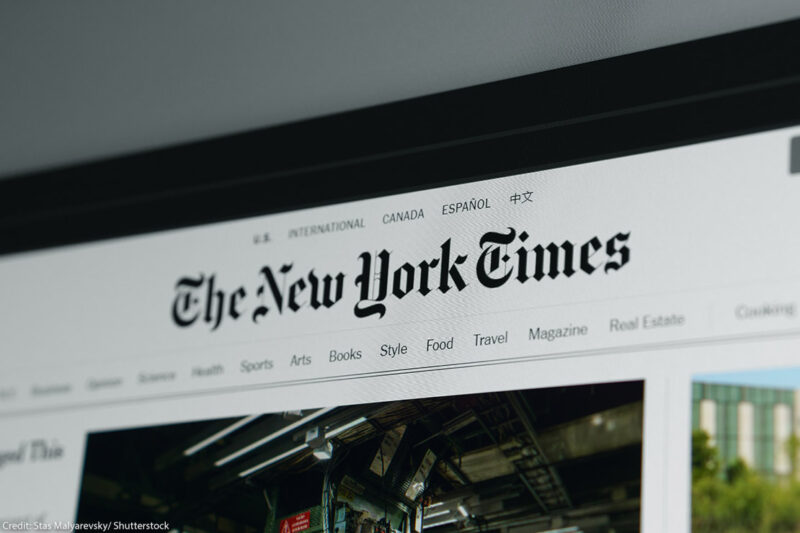 The homepage of the New York Times' website.