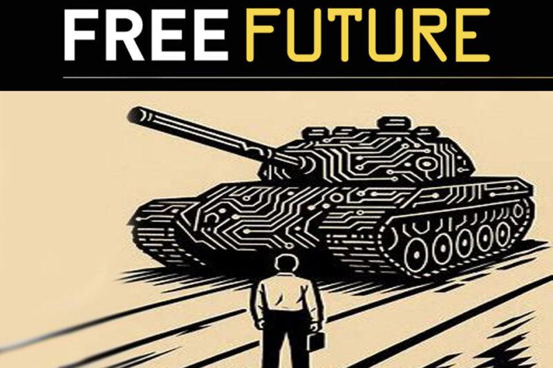 A man standing in front of a tank styled like silicon to represent AI