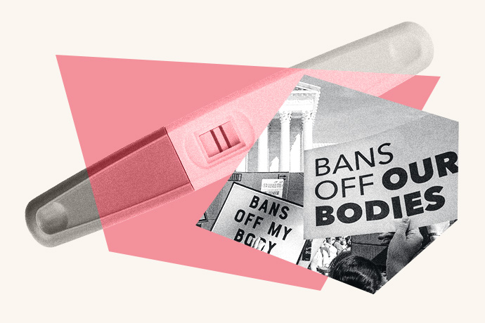 An illustrated collage of a pregnancy test and abortion protest signs