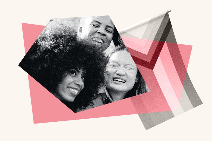 An illustrated collage of 3 people smiling and the LGBTQ+ flag