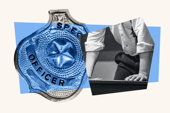 An illustrated collage of a "Special Officer" badge and an officer leaning against a desk