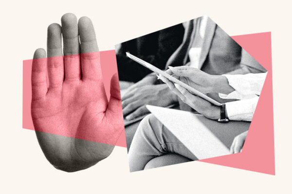 An illustrated collage of a people looking at a tablet and a hand signaling "stop"