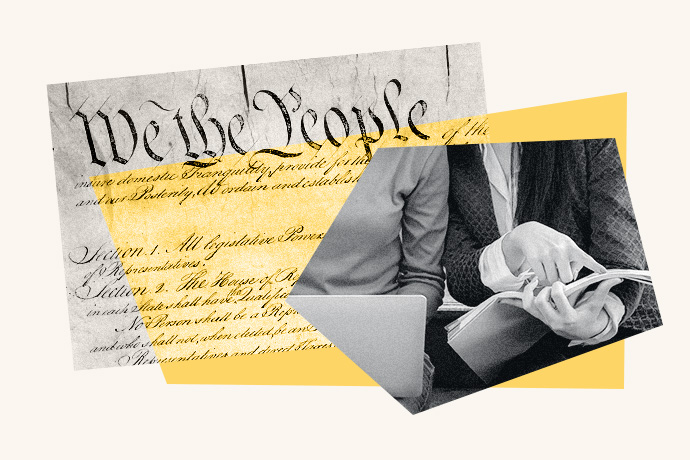 A collage of the Constitution and two people looking at a document