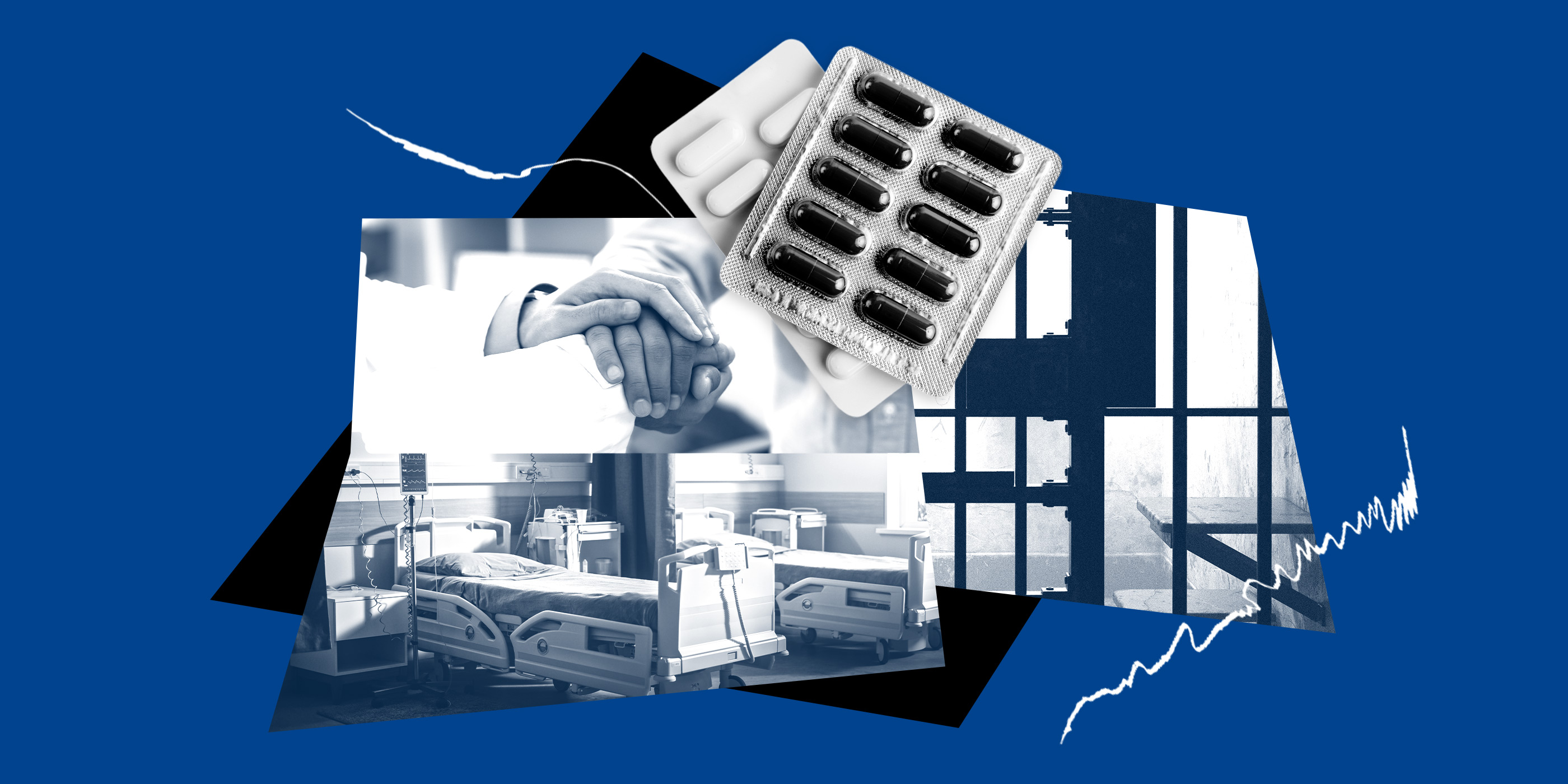 Collage on a blue background showing prescription pills, a hospital bed, a doctor holding a patient’s hand, and barred windows, illustrating medical care and health conditions inside immigration detention or correctional facilities.