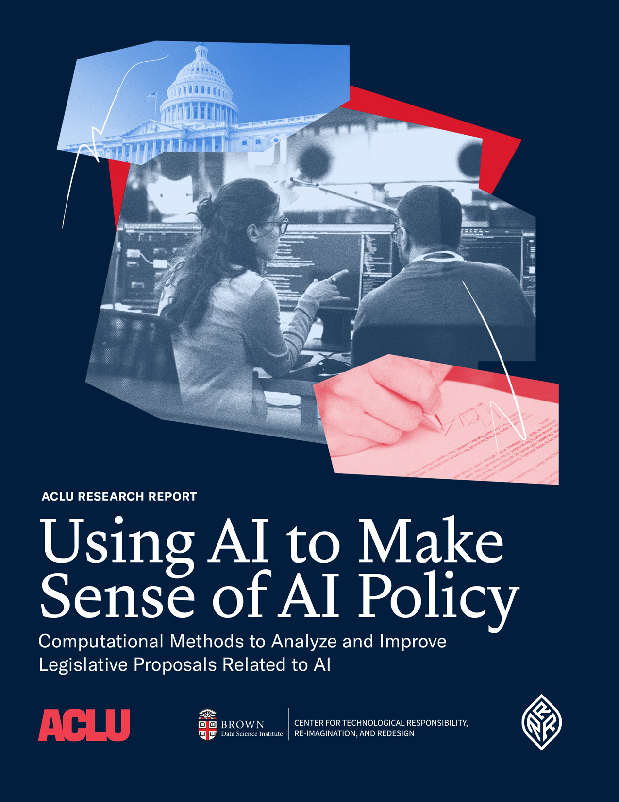 Cover of an ACLU research report titled “Using AI to Make Sense of AI Policy,” featuring a collage of images including the U.S. Capitol, two people collaborating at computer screens with code, and a hand signing a document, set against a dark blue background with red graphic accents.