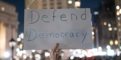 A demonstrator holding a sign that says Defend Democracy.