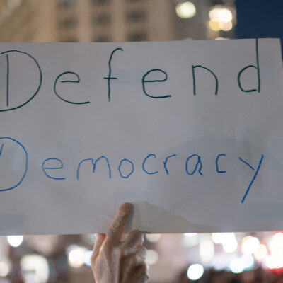 A demonstrator holding a sign that says Defend Democracy.