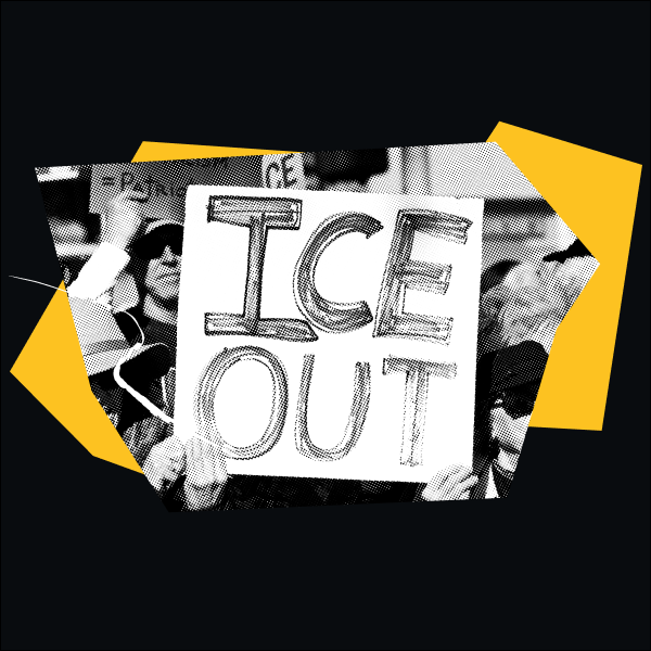 A collage of protestors and a protest sign that reads "ICE OUT"